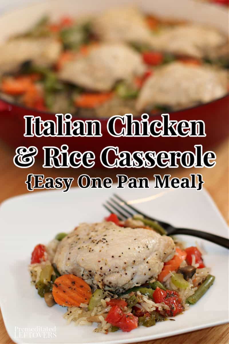 Italian chicken and rice casserole recipe on white plate