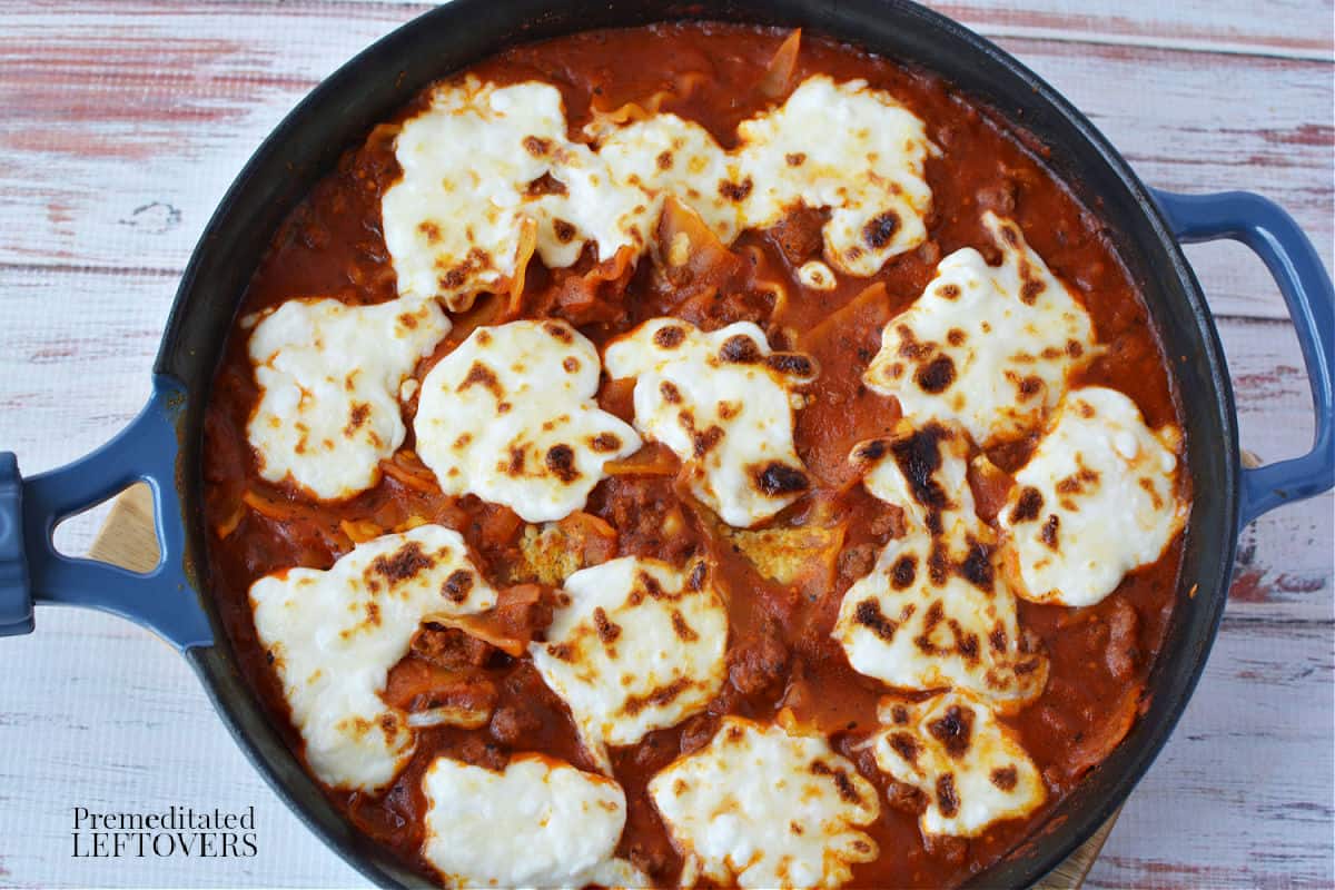 one pot skillet lasagna after being under the broiler