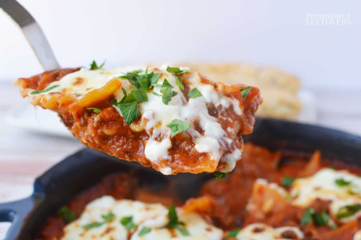 serving skillet lasagna from the pan