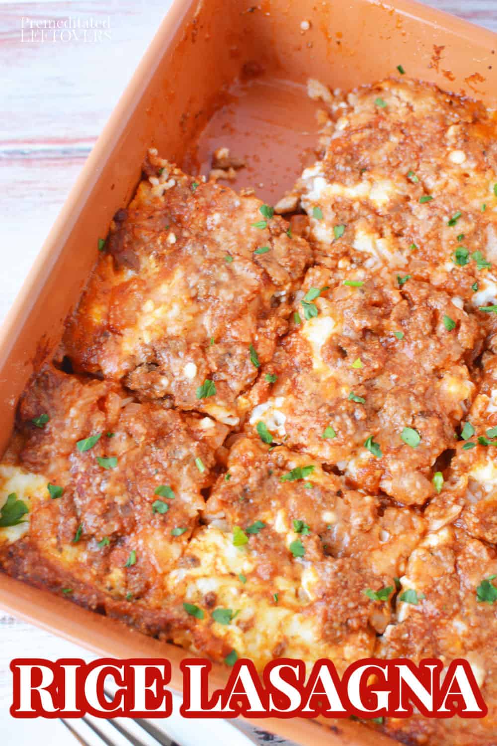 Rice lasagna recipe in a baking dish..