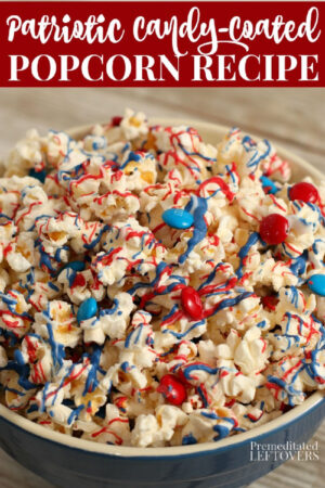 patriotic candy popcorn with red and blue M&Ms in a blue bowl