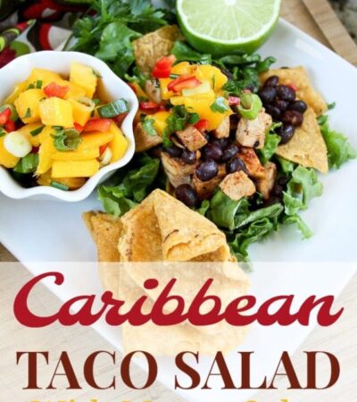 Easy Caribbean Taco Salad Recipe Topped with Homemade Mango Salsa-28