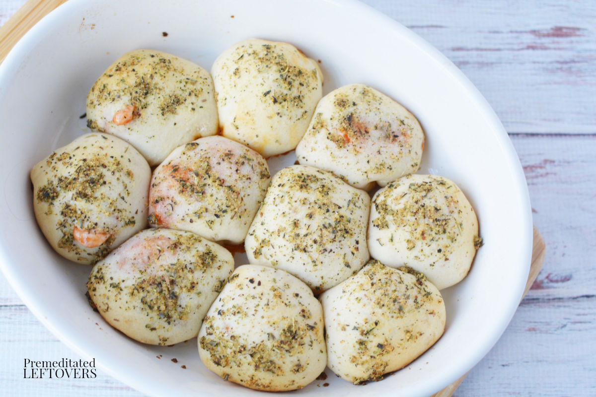 baked pizza poppers in baking dish