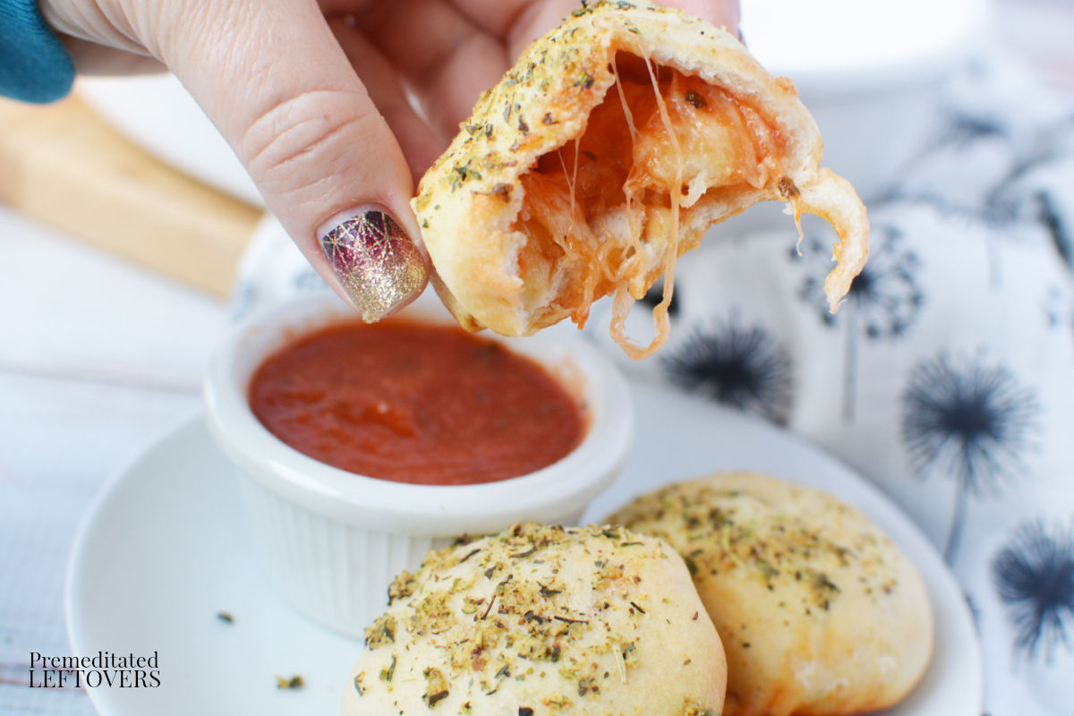 Homemade pizza pocket with a bite out of it.