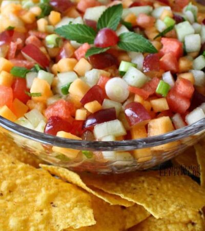 a bowl of mojito watermelon salsa with a mint-lime dressing