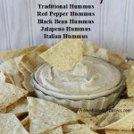 5 Hummus Recipes including Traditional Hummus Recipe, Red Pepper Hummus Recipe, Black Bean Hummus Recipe, Italian Hummus Recipe, and Jalapeno Hummus Recipe.