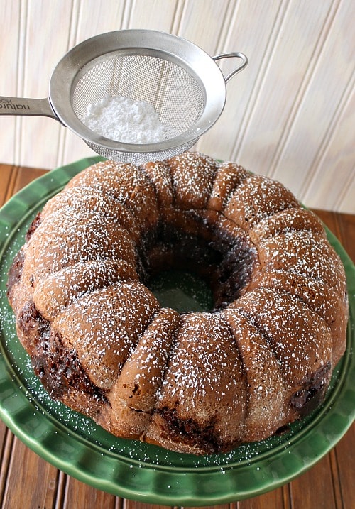 Top Brown Sugar Pecan Coffee Cake with Powdered Sugar