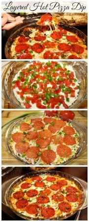 Layered Hot Pizza Dip Recipe: A quick and easy recipe for hot pizza dip made with layers of pizza toppings.