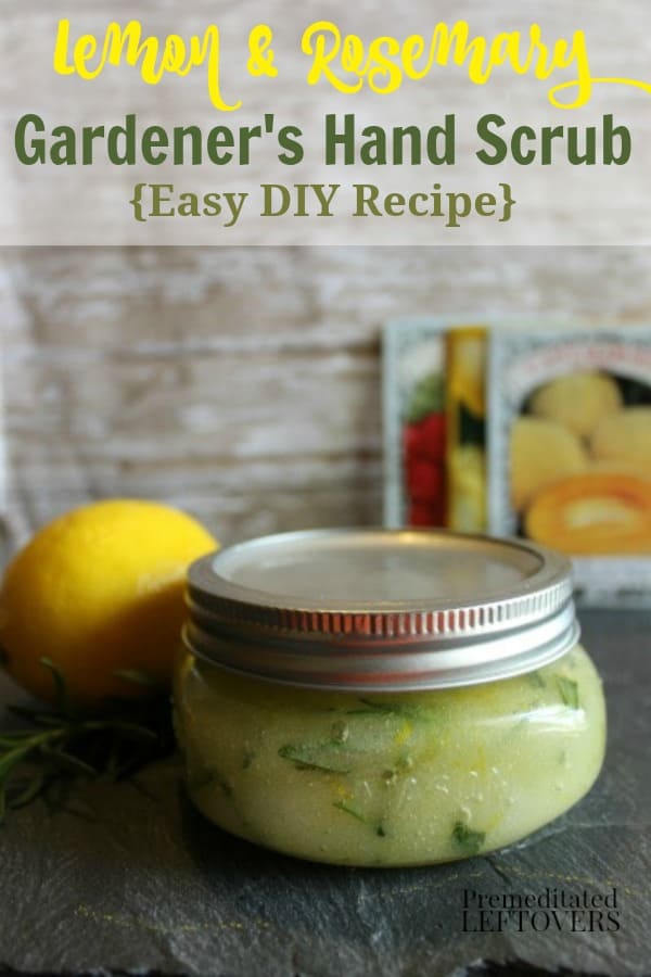 DIY lemon and rosemary gardener's hand scrub recipe made with fresh rosemary and real lemon and stored in a mason jar