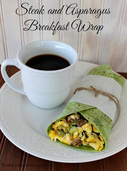 Steak and Asparagus Breakfast Wrap Recipe - and easy breakfast wrap with scrambled eggs, asparagus, and steak