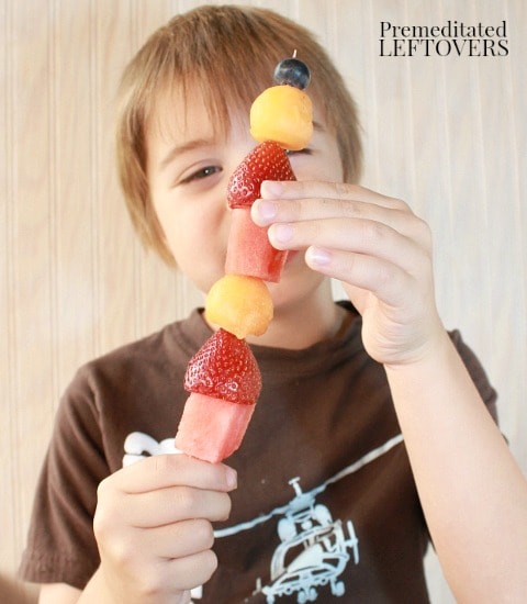 Use leftover melon and berries  to make fruit kebobs