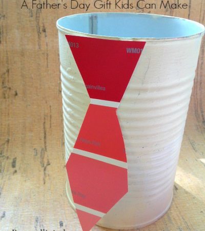 Paint Chip Tie Pen Holder - A Father's Day Gift Kids Can Make. Use this tutorial to have your children create a pen holder with a soup can and paint chips.
