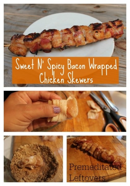 Recipe for Grilled Sweet N' Spicy Bacon Wrapped Chicken Skewers. These Bacon Wrapped Chicken Skewers are a delicious combination of sweet, salty, and spicy.