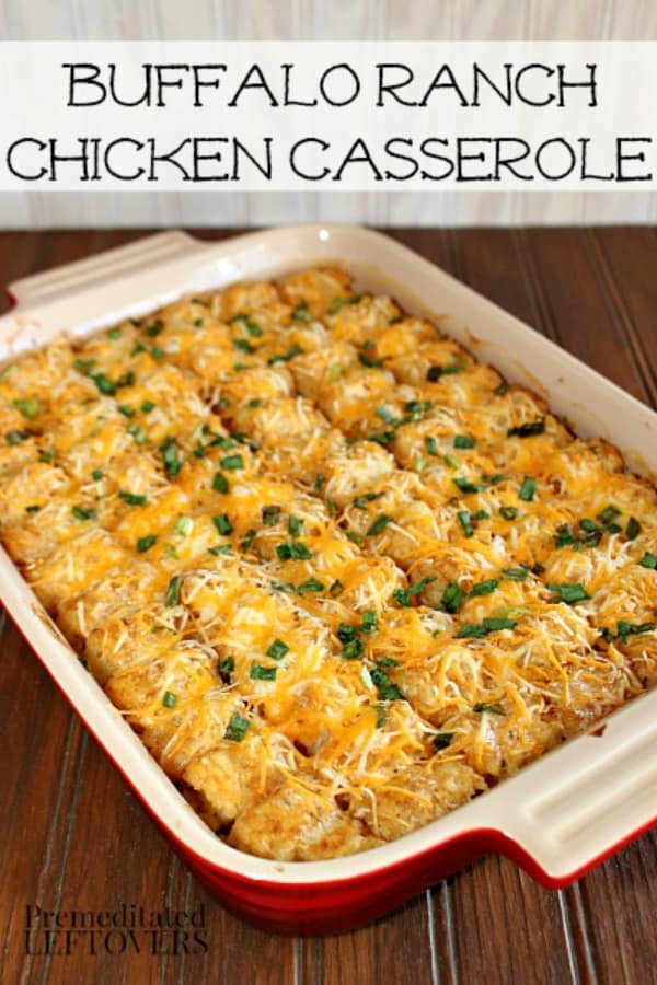 Enjoy Buffalo Ranch dip? Try this easy Buffalo Ranch Chicken Casserole Recipe using Tater Tots, Chicken, Hot Sauce, and Ranch Dressing. This buffalo chicken casserole is always a hit at parties! Perfect game day party recipe!