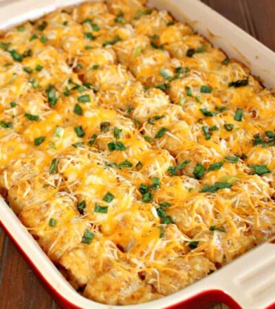 This easy buffalo ranch chicken casserole recipe with tater tots is always a hit at parties!