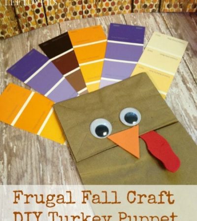 DIY Turkey Puppet Tutorial using paint chips, a brown paper bag, and googly eyes