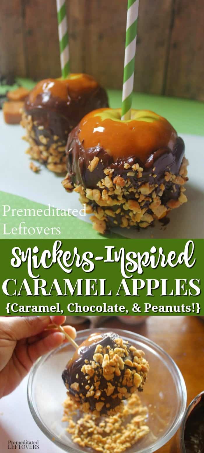 This tasty Snickers-inspired caramel apple recipe is a hit at fall parties! This gourmet caramel apple is coated in caramel, chocolate, and chopped peanuts.