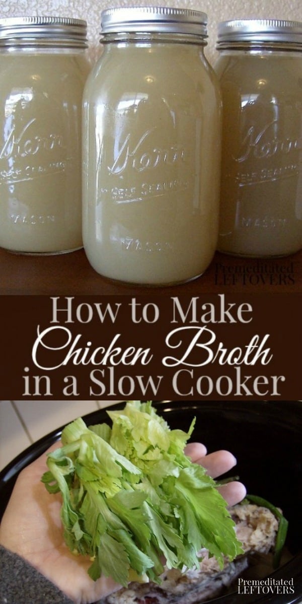 How to make chicken broth in a slow cooker or Crock pot using chicken bones and vegetable scraps.
