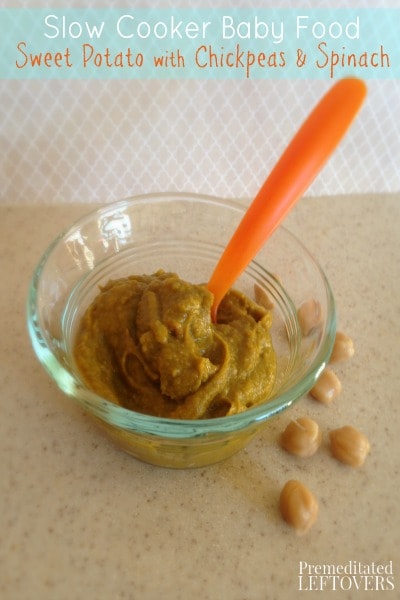 This Slow Cooker Sweet Potato Baby Food with Chickpeas and Spinach is a great recipe to get started making baby food in a slow cooker.
