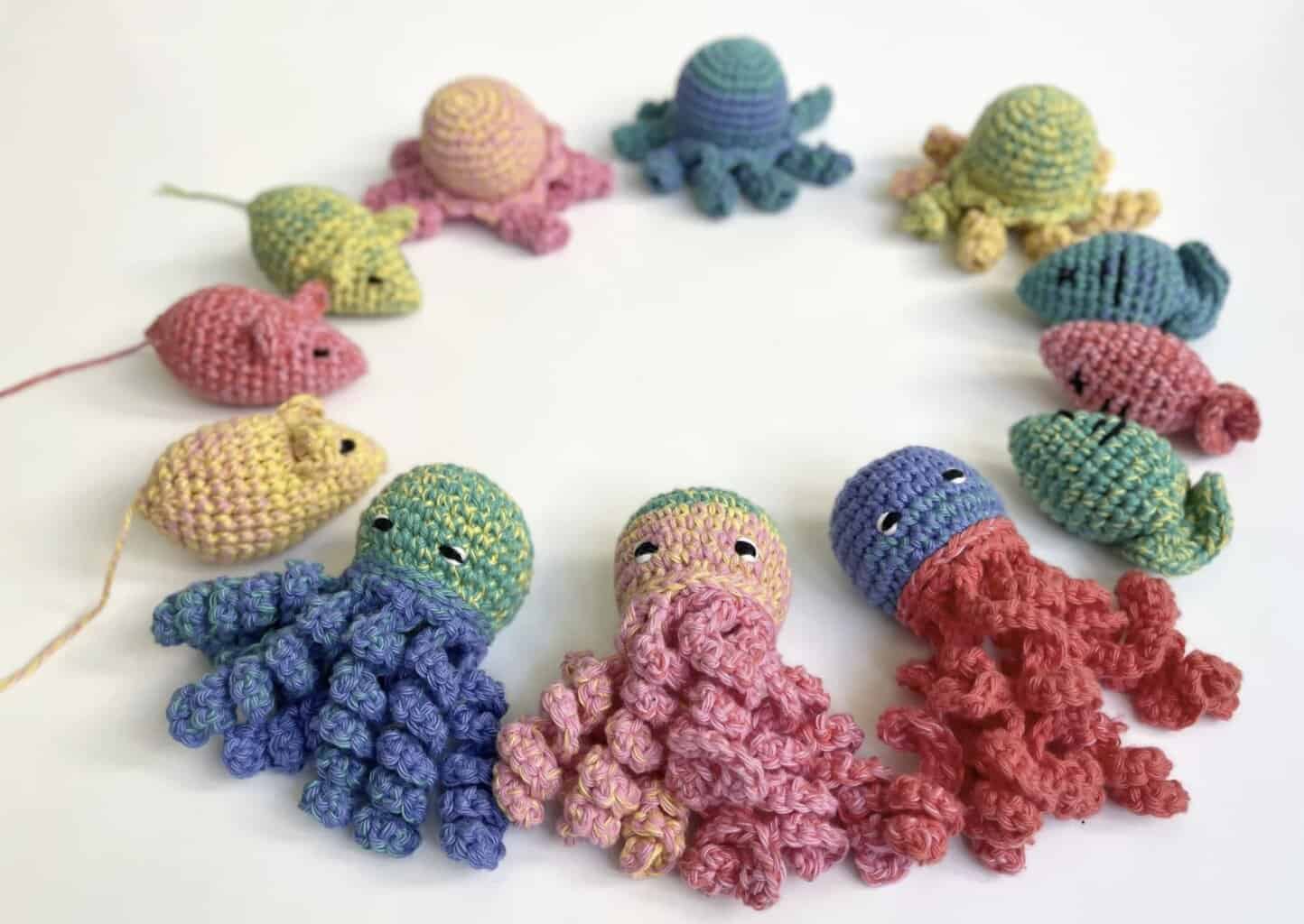 Free crochet cat toys patterns from Off the Beaten Hook - mouse, fish, jellyfish, octopus