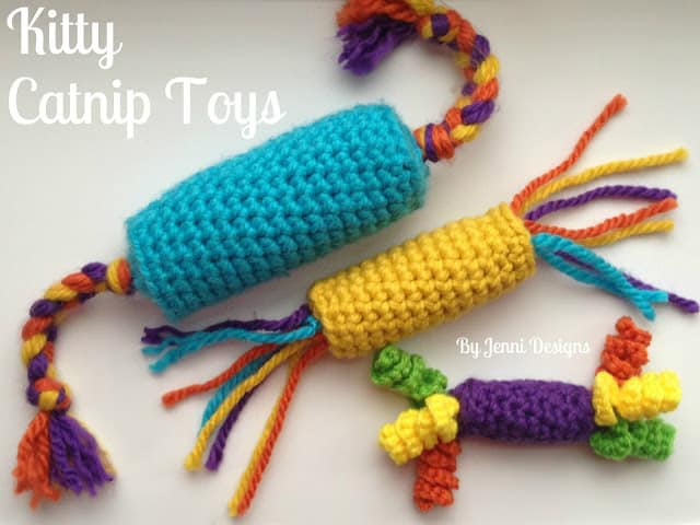 Free crochet pattern for cat toys that look like candy from By Jenni Designs