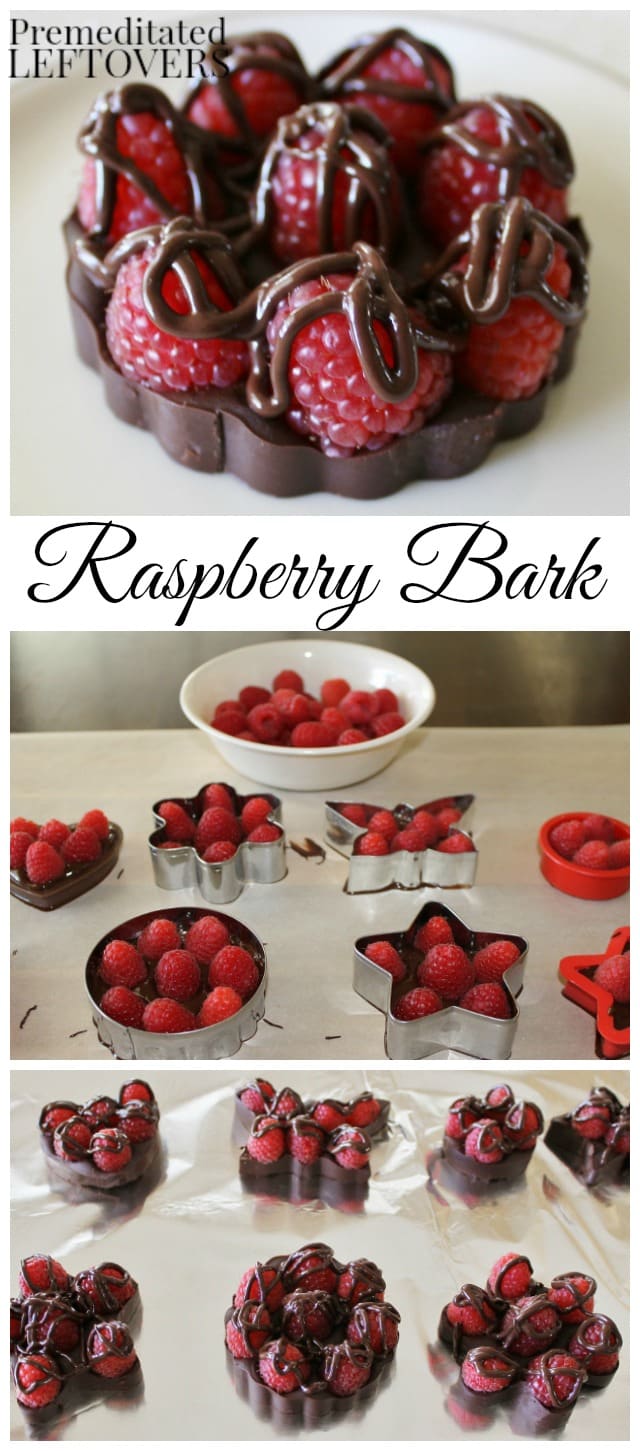 Step by step process showing how to make chocolate raspberry bark using cookie cutters