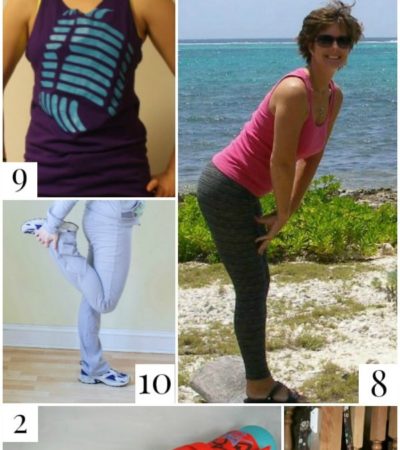 10 DIY Free Fitness Gear Patterns including a DIY yoga mat carrier, free pattern for sports bras, yoga pants pattern, and how to make a workout tank top.