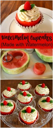 How to make watermelon cupcakes with real watermelon. A step by step tutorial showing how to make create watermelon cupcakes and decorate them with berries.