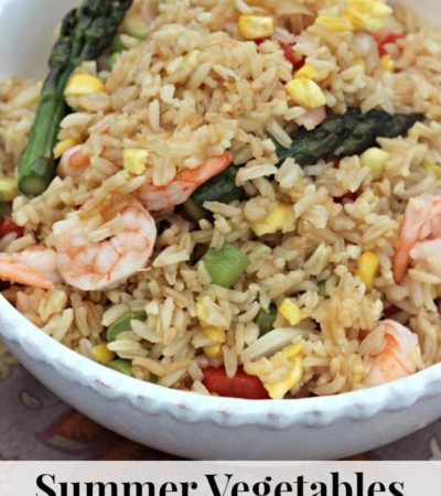 Summer Vegetables Shrimp Fried Rice recipe- This easy to make fried rice recipe is perfect for summer meals because you get to enjoy your garden's bounty, too!