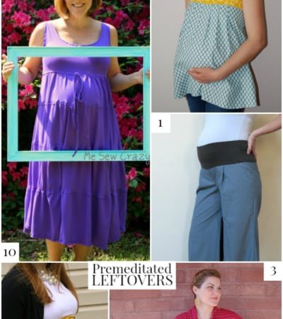 10 free maternity patterns, including a tutorial on how to turn any pants into maternity pants, patterns for maternity dresses, and DIY maternity tops.
