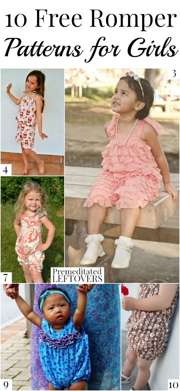 10 Free Romper Patterns for Girls, including pillowcase rompers, ruffled rompers for toddlers, cute rompers for babies and rompers for older girls.