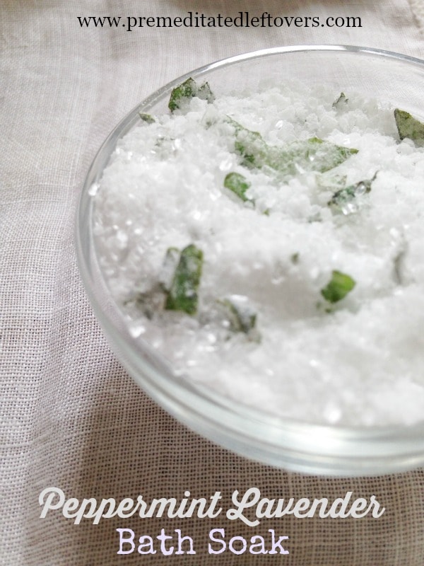DIY Peppermint Lavender Bath Soak- The peppermint, lavender, and Epsom salt in this bath soak will help soothe tired muscles. It also smells wonderful!