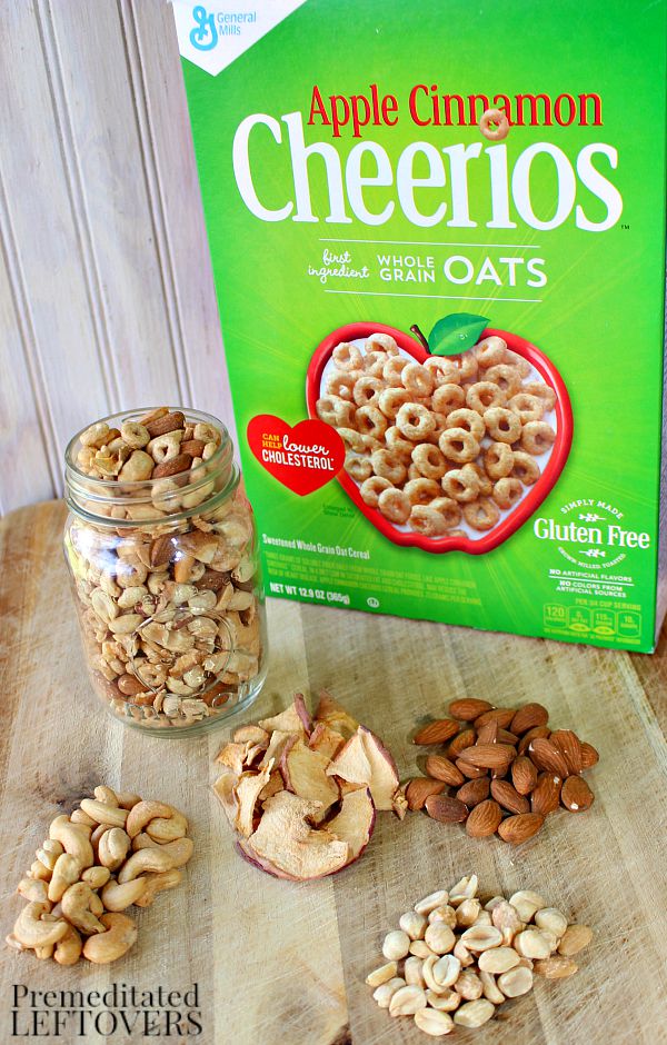 This delicious apple cinnamon trail mix recipe includes apple cinnamon cheerios, nuts, and apple chips.