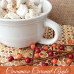 Cinnamon Caramel Apple Puppy Chow Snack Mix- Enjoy the sweet flavors of cinnamon and caramel apple in this crunchy puppy chow recipe. It's sure to be a hit!