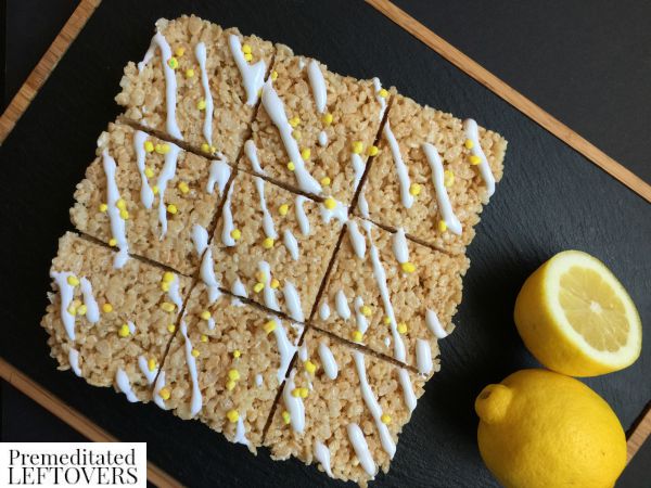 Lemon Meringue Rice Krispie Treats- These chewy, lemon-flavored Rice Krispie treats are fun and easy to make. Kids and adults alike with enjoy this recipe!