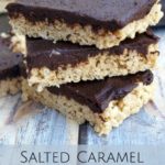 Salted Caramel Rice Krispies With Pumpkin Fudge Topping- These rice krispie treats are divine. Pumpkin, caramel, and chocolate give them quite the makeover!