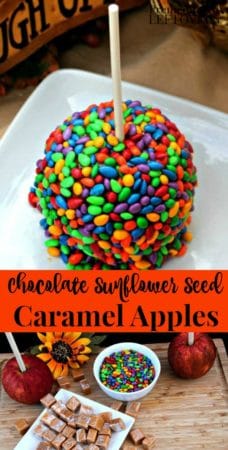 Create a unique caramel apple this fall with this Chocolate Sunflower Seed Caramel Apples Recipe. These upscale caramel apples are not only yummy, but a fun and colorful treat to serve at fall parties.