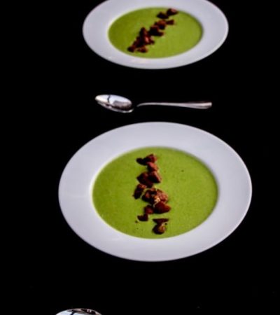 Pea and Pan Fried Corn Soup- This pea soup recipe is the perfect antidote for a chilly fall day. Top each bowl off with homemade rustic croutons.