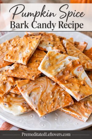 pieces of pumpkin spice bark candy on a white plate