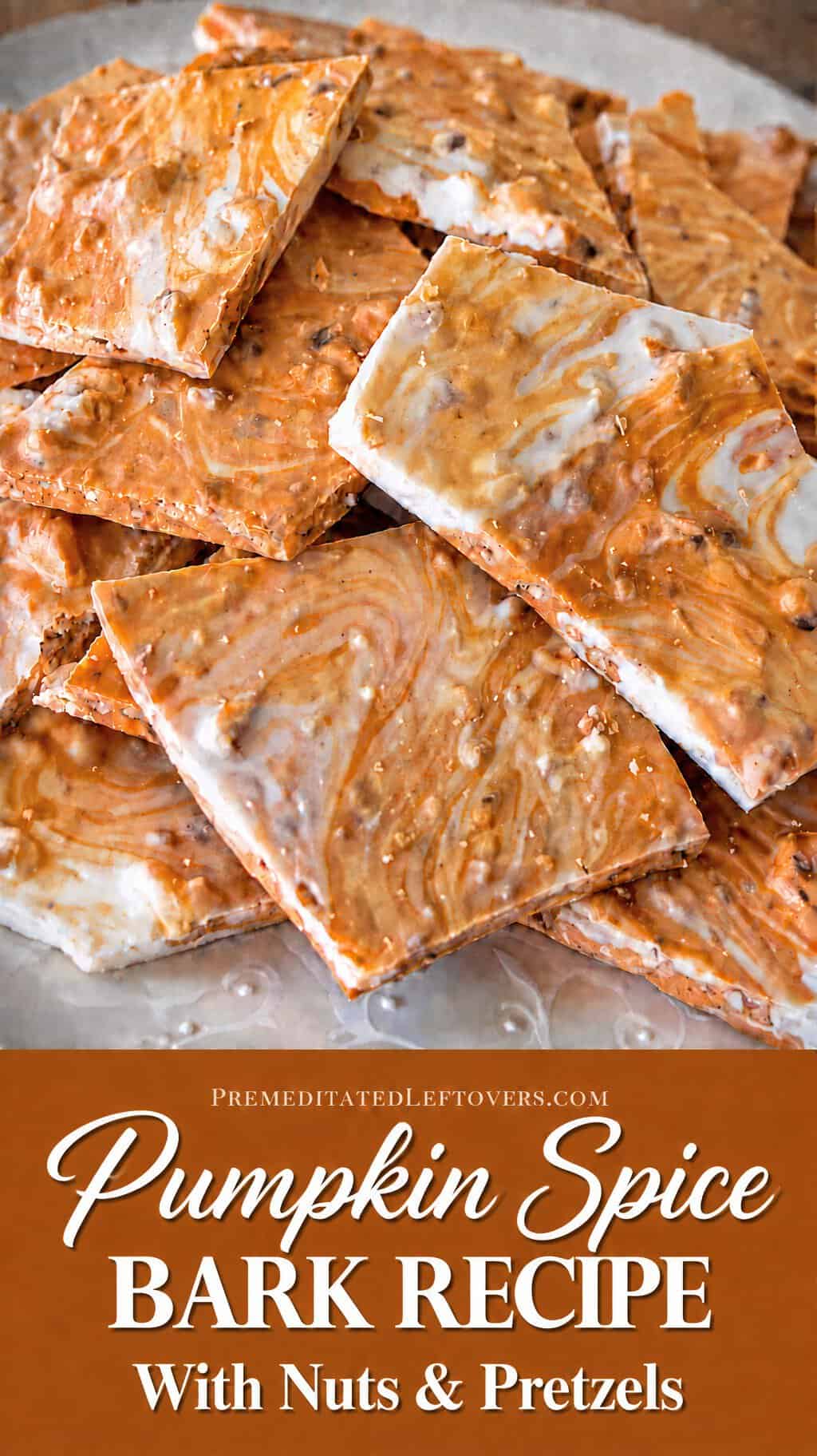 pieces of homemade pumpkin spice bark candy on a plate
