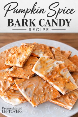 Pieces of homemade pumpkin spice candy bark on a plate