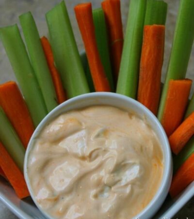 Sweet Buffalo Dip- This homemade buffalo dip is a great way to spice up veggies or chicken. Give it a try for an easy dipping sauce that is sweet and tangy.