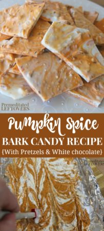 Pumpkin spice bark candy recipe with pretzels and white chocolate.
