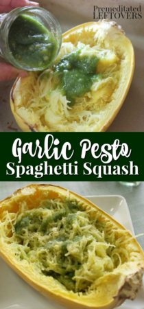 Quick and easy garlic pesto spaghetti squash recipe. Serve the squash for a fun dinner idea.