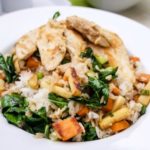 Chicken and Root Vegetables Over Rice- This skillet recipe is a delicious way to use leftover chicken. It is a cinch to make and is bursting with color!