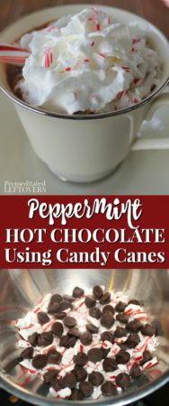 Easy homemade peppermint hot chocolate recipe using crushed candy canes.