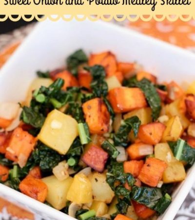 Sweet Onion and Potato Medley Skillet- Here's a new recipe to try this Thanksgiving. Guests will enjoy this colorful mix of potatoes, sweet onion, and kale.