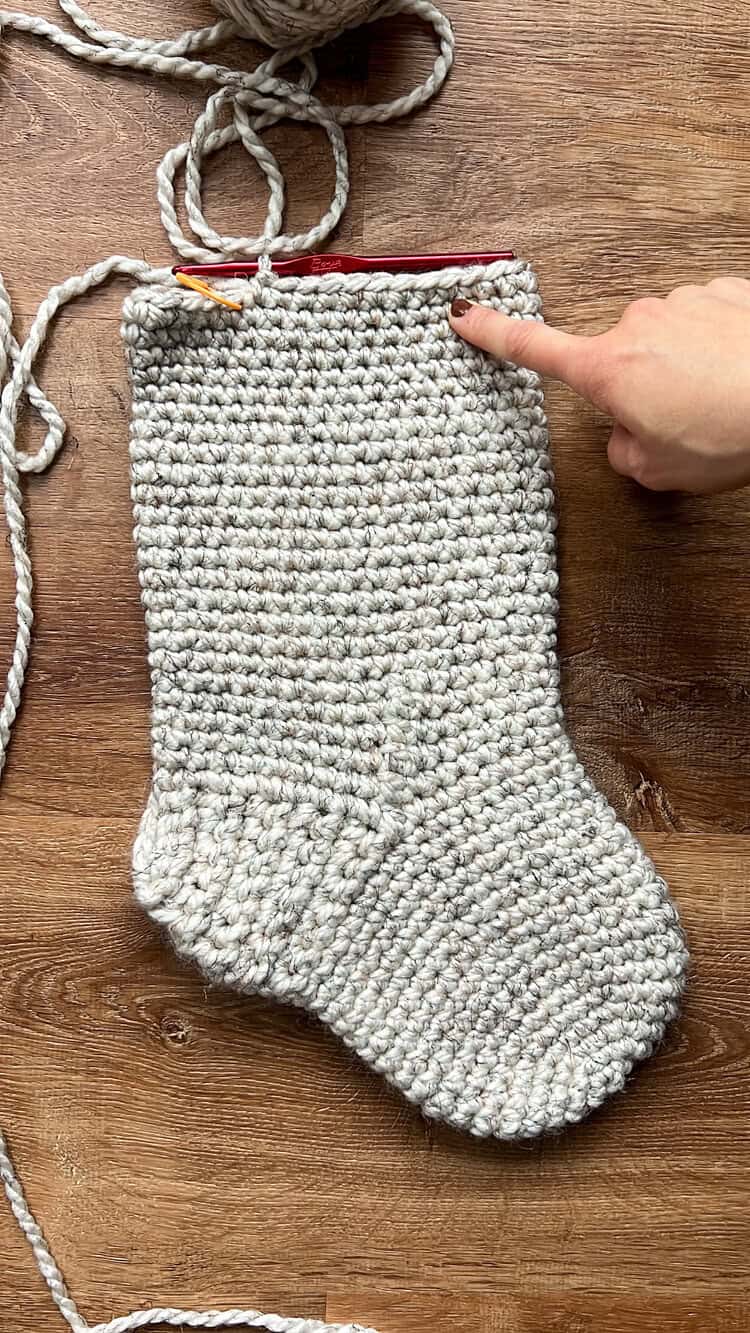a basic, beginner-friendly crochet Christmas stocking in progress