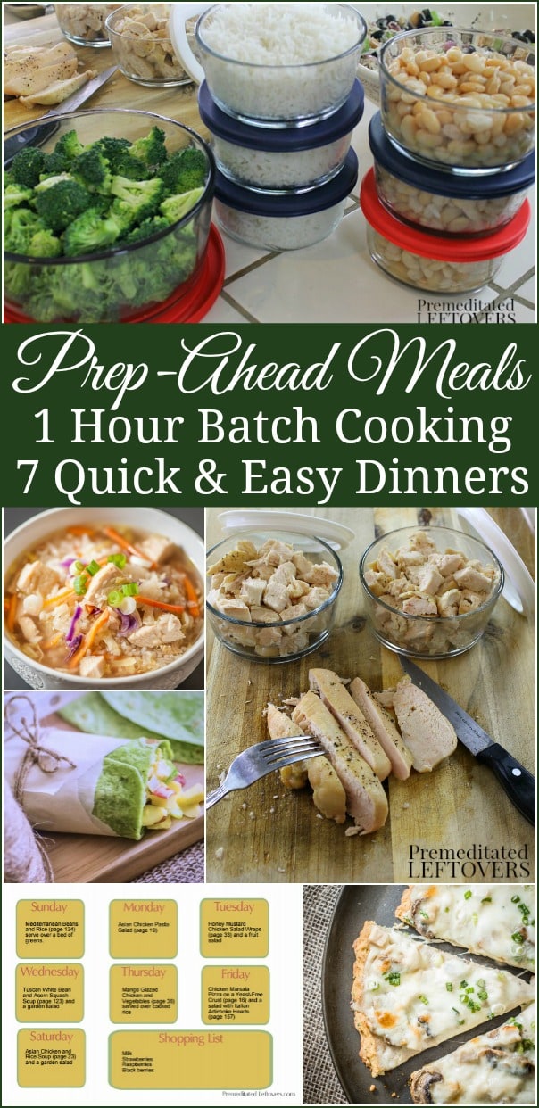 Prep-Ahead Meals from Scratch - How to spend 1 hour of batch cooking and prepping ahead so you will have 7 quick and easy diner recipes prepped ahead for busy nights. Includes break down of batch cooking session and menu plan.