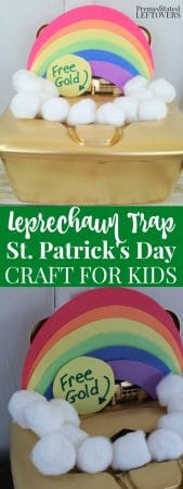 Leprechaun Trap made using a diaper wipe container, construction paper rainbow and cotton ball clouds